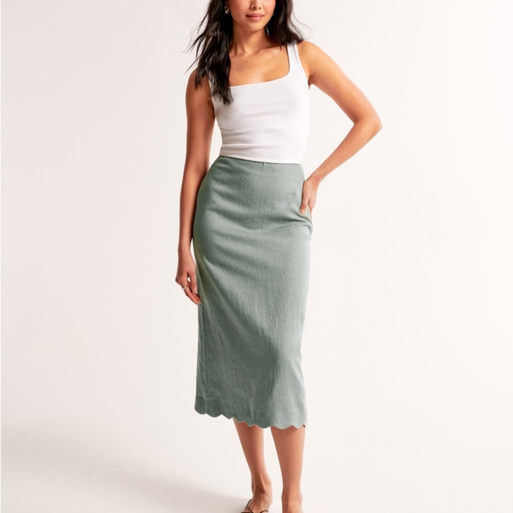 Abercrombie & Fitch Premium Linen Scallop-Hem Midi Skirt XXSP Sage